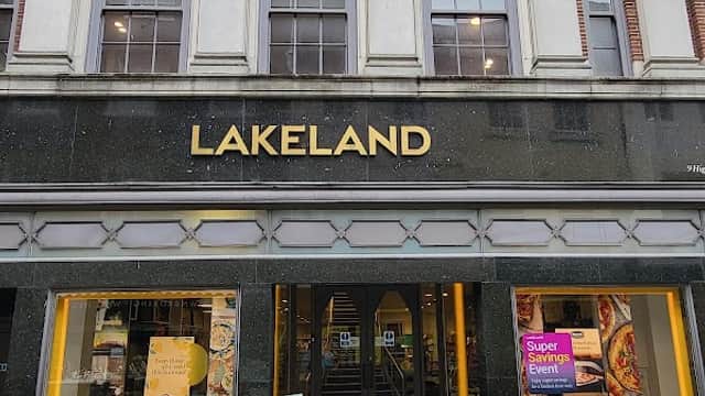 Lakeland gift shop in Harrogate, featuring large windows displaying colorful products and a stylish entrance.