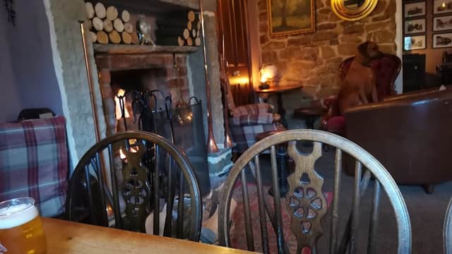 Cozy bar interior with a stone fireplace, wooden chairs, a beer on the table, and a dog lounging in an armchair.