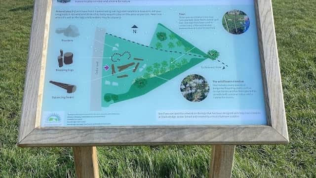 Signboard displaying a map and information about Cedar Pocket Park, surrounded by grass and distant trees.