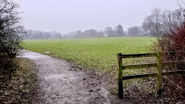 A grassy field with a muddy pathway and a wooden gate, surrounded by trees under a cloudy sky.