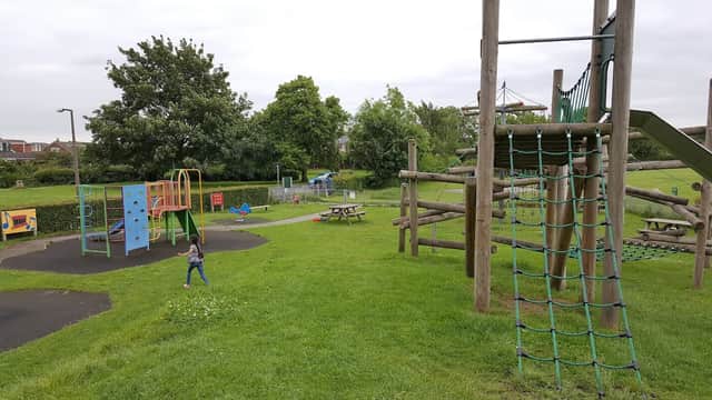 Colorful playground equipment with climbing structures, slides, and grassy areas; trees in the background.