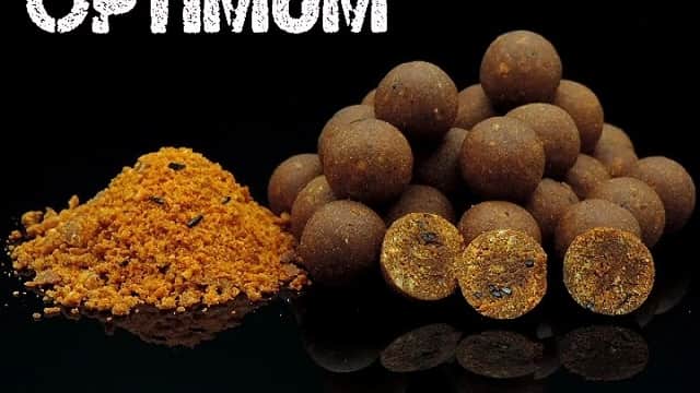 Brown bait balls and powder labeled "OPTIMUM" on a black background.
