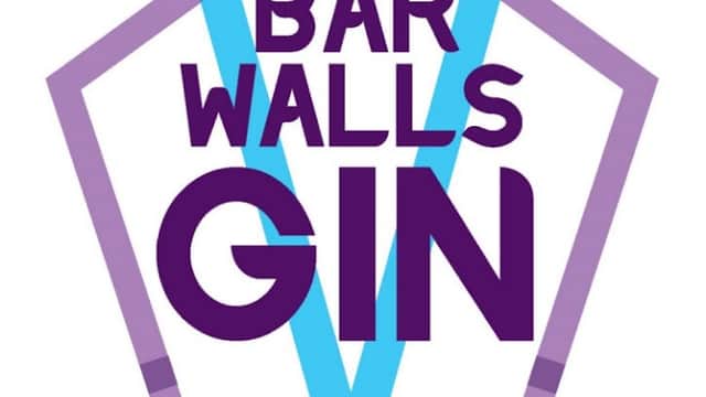 Bar Walls Spirits logo featuring "BAR WALLS" in purple and "GIN" in bold, with a geometric design in blue and purple.
