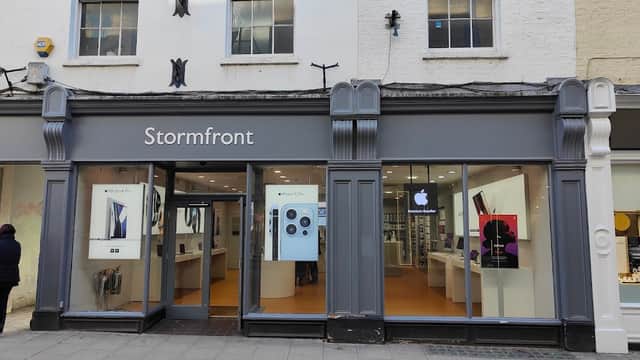 Stormfront Apple Premium Reseller storefront with large windows displaying Apple products and branding in York.