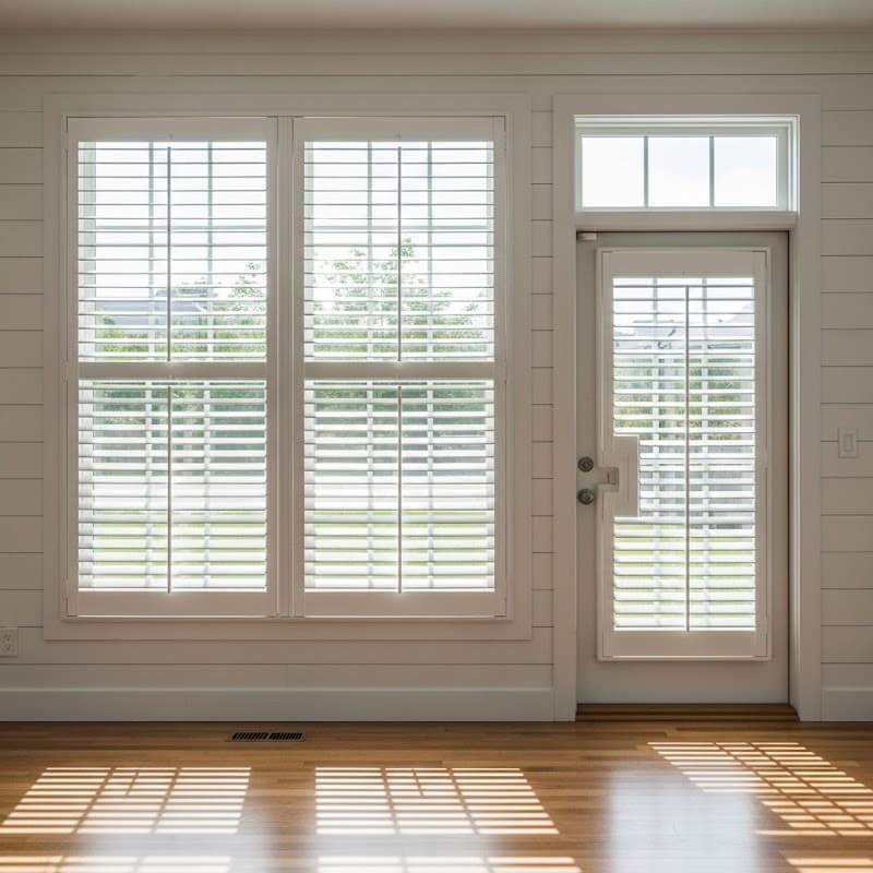 Bright interior featuring white window shutters on large windows and a glass door, with natural light illuminating the space.