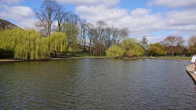 Serene lake surrounded by lush trees and a cloudy blue sky at Rowntree Park in York, Yorkshire.