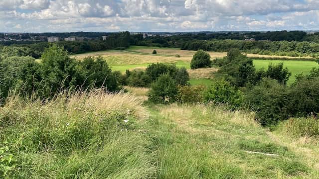 Lush green fields and trees stretch across the landscape under a bright blue sky with fluffy white clouds.