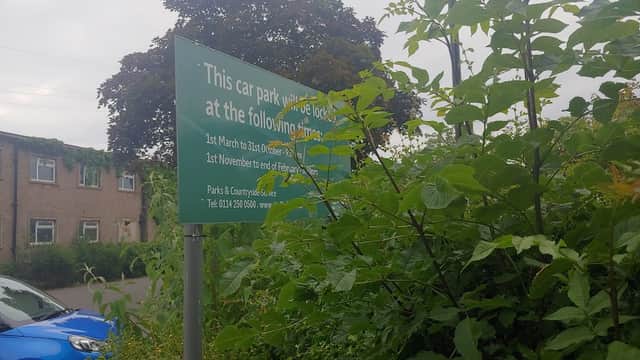 Sign indicating free parking at Graves Park Pavilion, surrounded by greenery and a blue car parked nearby.