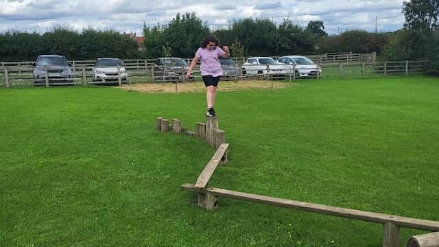 A girl balances on a wooden beam in a grassy field, with cars parked and trees in the background under cloudy skies.