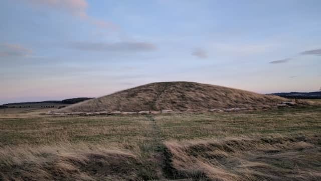 Rolling grassy hill under a pastel sky, with a path leading up the slope in a serene outdoor setting.
