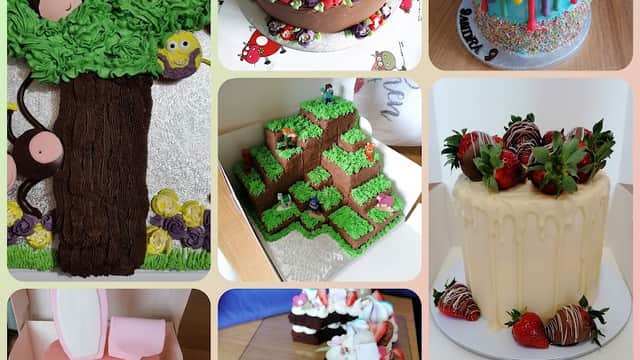 Colorful cakes with various themes including animals, birthdays, and a decorated tree, featuring vibrant frosting and toppings.