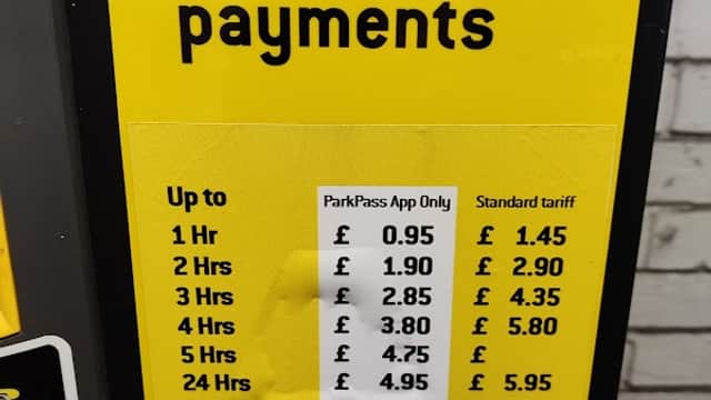 NCP Sheffield Blonk Street parking sign with cash payment options and pricing details for various durations.