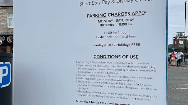 Sign for West Dyke Road North Car Park detailing parking charges and conditions in Redcar, Yorkshire.