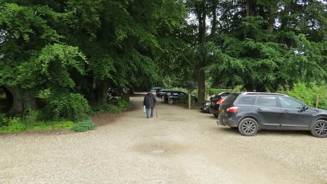 Gravel car park surrounded by lush trees, with parked cars and a person walking along the path.