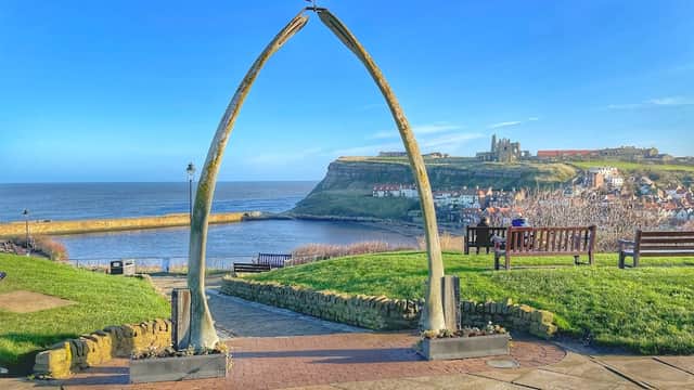 Whalebone Arch framed by green grass, with a view of Whitbyβs coastline and historic buildings in the background.