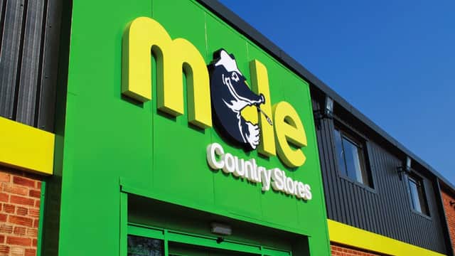 Bright green storefront with "mole Country Stores" sign featuring a cartoon mole, under a clear blue sky.