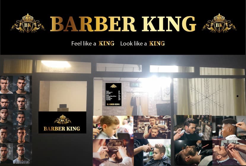 Barber King sign featuring stylish haircuts, next to a Polish shop in Ovenden, Yorkshire.