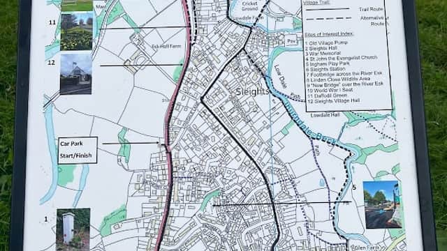 Map of Sleights Village Trail 2022, detailing paths, landmarks, and car park locations in Ruswarp, Yorkshire.