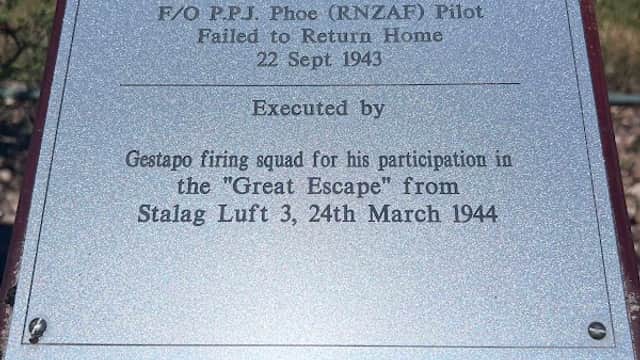 Plaque honoring F/O P.J.P. Phoe, pilot, commemorating his execution by Gestapo for participation in the "Great Escape."