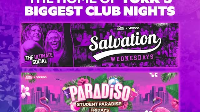 Colorful promotional poster for Club Salvation in York, featuring vibrant graphics and event names for various club nights.