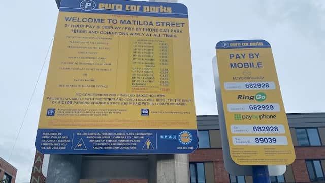 Welcome sign for Matilda Street Car Park with payment instructions and mobile payment options in Sheffield, Yorkshire.