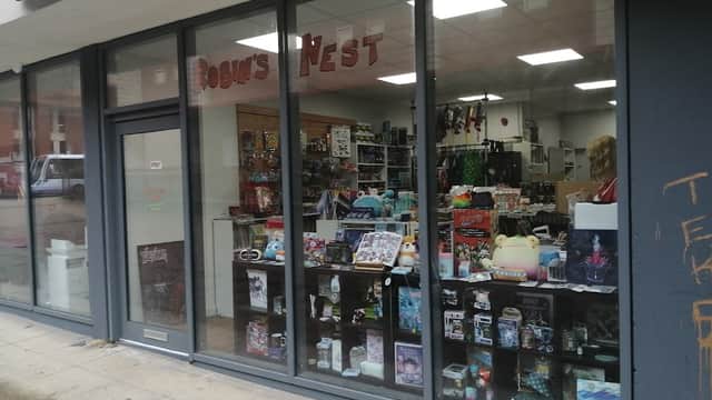 Storefront of Robin's Nest Comics with glass display showcasing various comic books and collectibles.