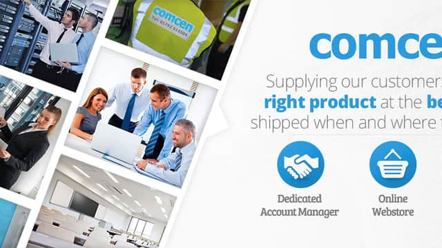 Collage featuring a modern office, team collaboration, product displays, and Comcen branding in a professional setting.