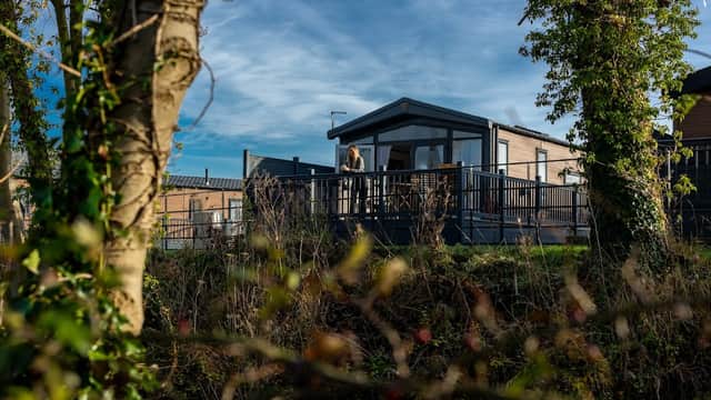 A modern lodge with a deck overlooks a tranquil setting, surrounded by trees and blue skies at Willow Pastures Country Park.