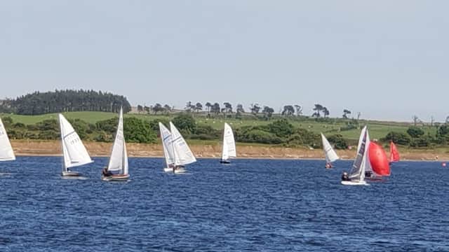 Sailboats racing on a lake with green hills and trees in the background under a clear blue sky.