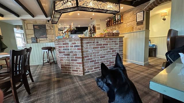 Cozy restaurant interior with wooden beams, a brick bar, and a black dog sitting in the foreground.