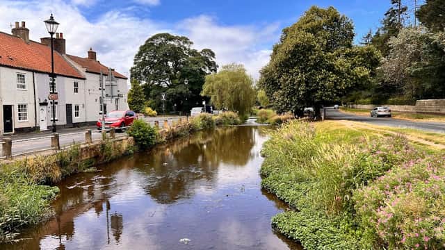Lush greenery and a calm river reflect the blue sky, with charming buildings lining the banks in Great Ayton, Yorkshire.