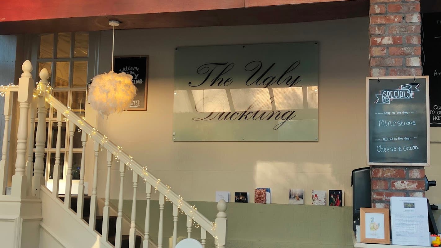 Sign for "The Ugly Duckling" tearoom with a fluffy light fixture and a chalkboard menu on a brick wall.