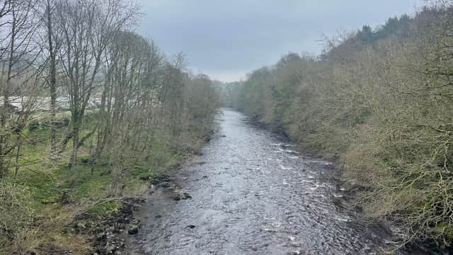 A winding river flows through a wooded landscape under a cloudy sky in Hudswell, Yorkshire.