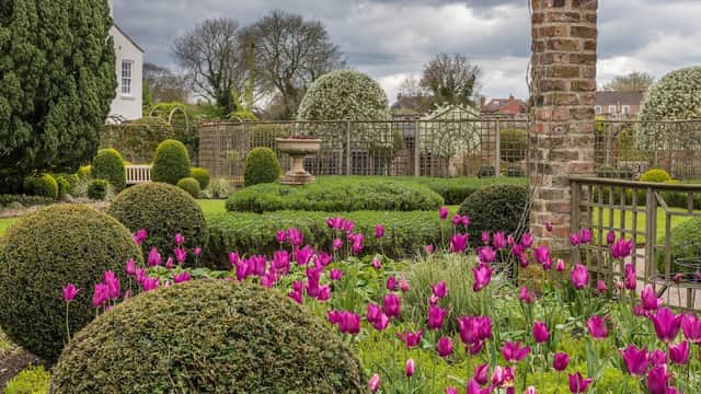 Lush gardens featuring rounded hedges, vibrant pink tulips, and a stone pillar against a cloudy sky in Littlethorpe.