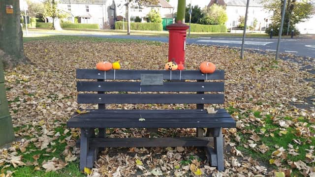 A bench surrounded by fallen leaves, adorned with pumpkins and toys, near a red post box in Romanby War Memorial Gardens.