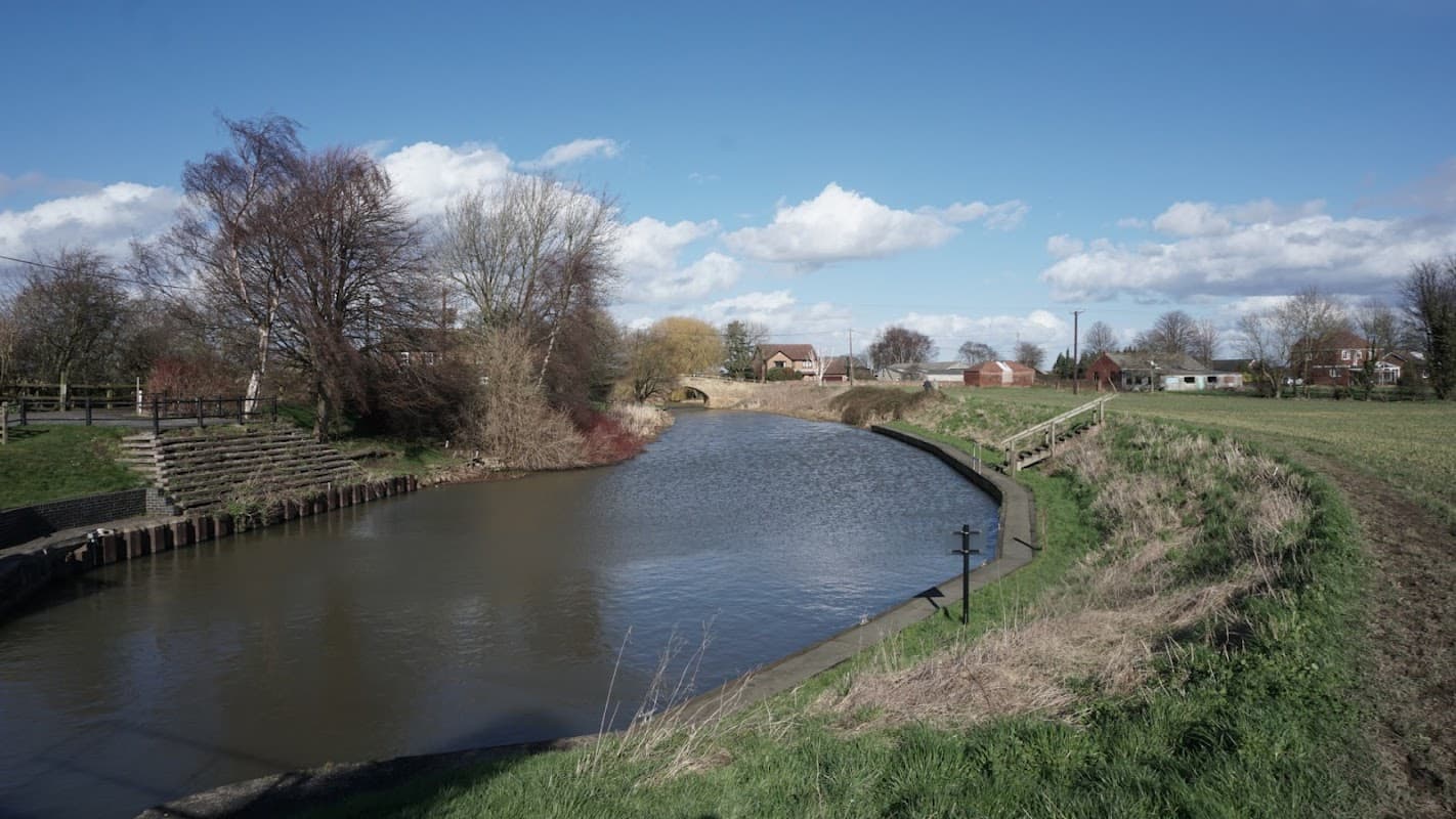 Serene riverbank scene with trees, a bridge, and houses under a blue sky with fluffy clouds in Chapel Haddlesey.