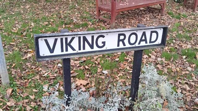 Viking Road sign amidst fallen leaves, with benches and trees in the background, indicating a free parking area.