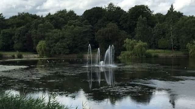 Tranquil lake with fountains, surrounded by lush greenery and cloudy blue sky in Roundhay Park, Moortown.