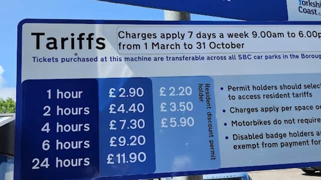 Welcome sign for Station Avenue Long Stay Car Park, displaying parking tariffs and operating hours.