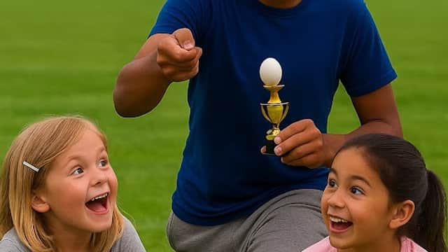 A boy balances an egg on a spoon while two girls cheer him on, all on a grassy field.