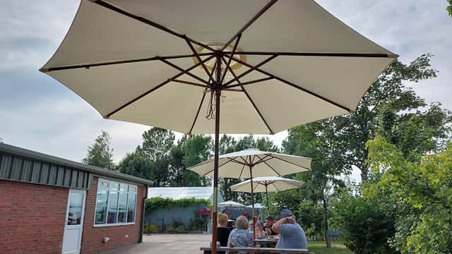 Outdoor seating with large umbrellas at Mr Moo's Ice Cream Parlour in Skipsea, Yorkshire, surrounded by greenery.