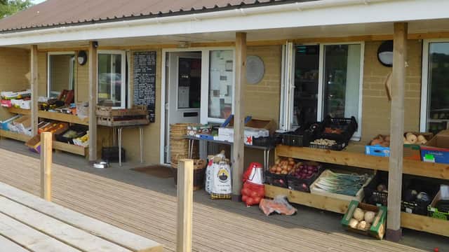 Fresh produce displayed on wooden shelves outside a shop, with a rustic building and picnic tables in Darley, North Yorkshire.
