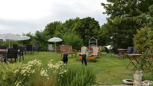 Outdoor seating area with wooden tables, chairs, and umbrellas surrounded by greenery and flowering plants.