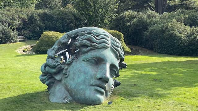 Large bronze sculpture of a head in a grassy area, surrounded by trees and shrubs at Yorkshire Sculpture Park.