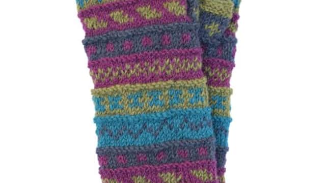 Colorful knitted wrist warmers featuring vibrant patterns in blue, purple, green, and yellow hues.