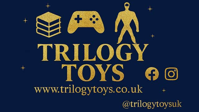 Gold text logo for Trilogy Toys with icons of a game controller, building blocks, and a toy figure on a dark blue background.