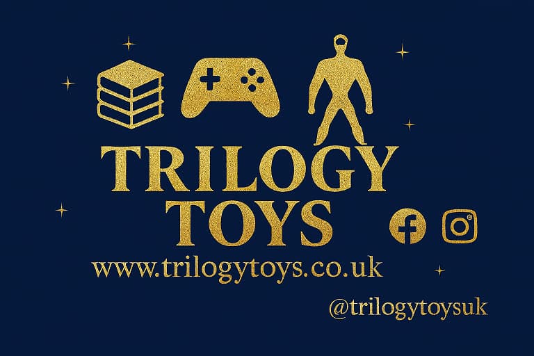 Gold text logo for Trilogy Toys with icons of a game controller, building blocks, and a toy figure on a dark blue background.