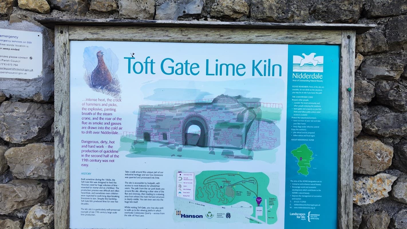 Signboard detailing Toft Gate Lime Kiln, with a stone structure illustration and information about Nidderdale.