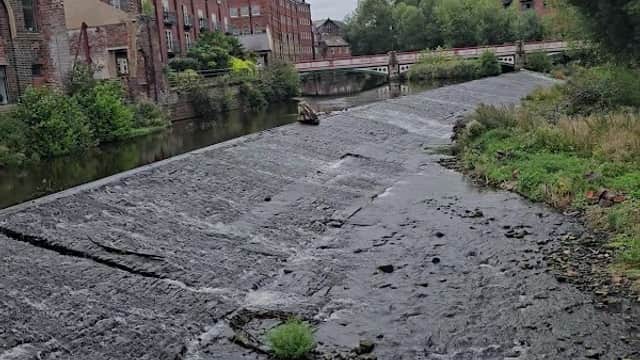 View of a riverbank with greenery, old brick buildings, and a cloudy sky in Neepsend, Yorkshire.