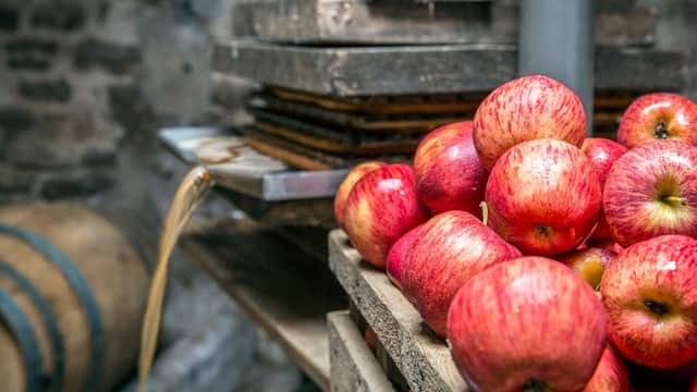 Red apples stacked on wooden crates with cider press equipment in a rustic setting.